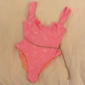 WeWoreWhat Pink Floral One-Piece Swimsuit with Gold Chain Detail